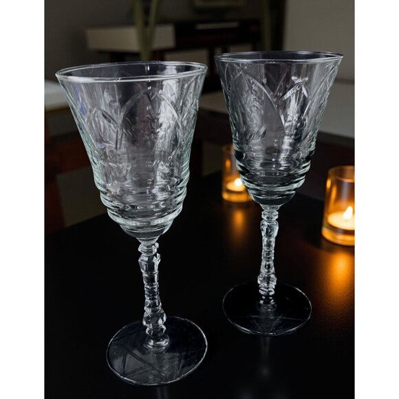 2 Vintage Wine Glasses Normandy Rock Sharpe Set Ornate Stems & Floral Elegant Dr - Picture 6 of 8